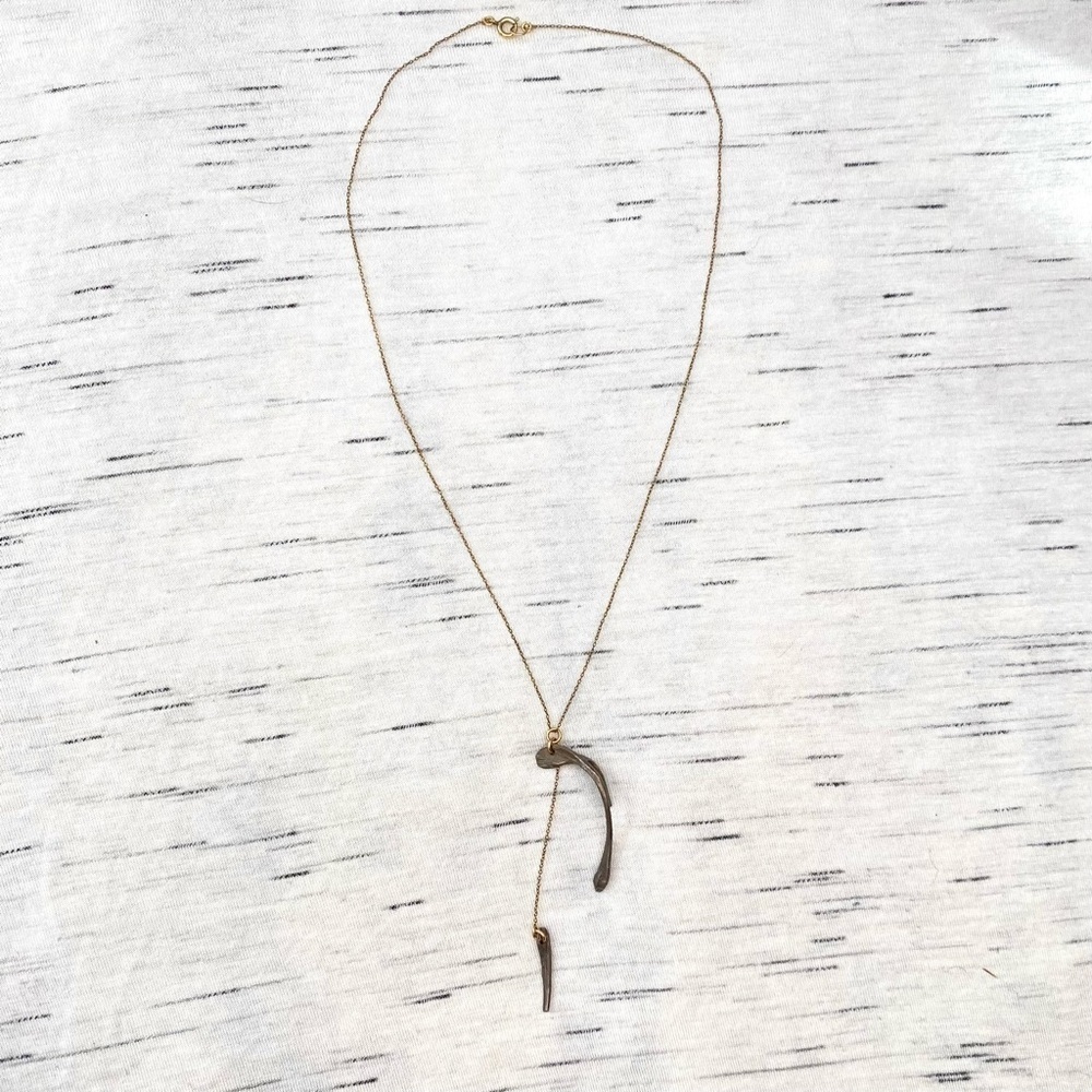 NWOT Asymmetrical Wishbone Lariat Gold Plated & Pewter Artisan Necklace - Picture 4 of 8